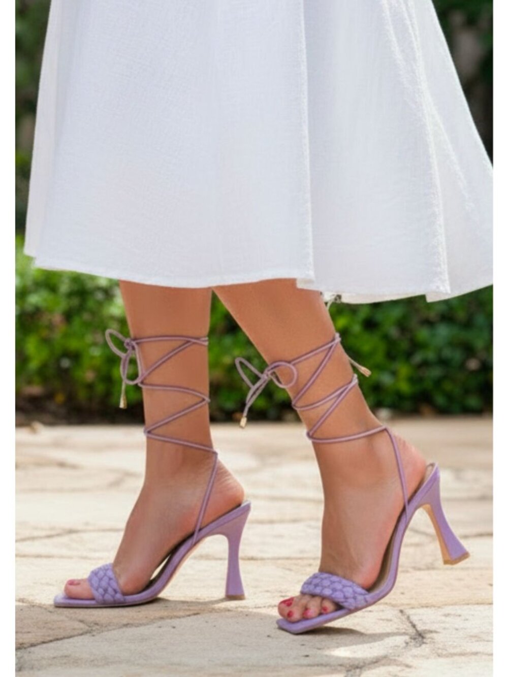 Strappy Purple High Heel Sandals With Braided Toe Strap & Lace-Up Ankle Wrap Des